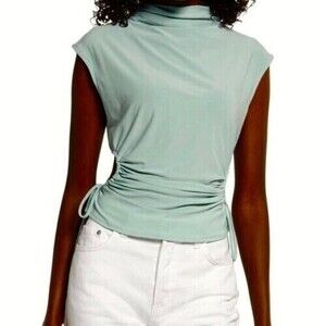 Open Edit Nordstrom Ruched Cutout Mock Neck Top Size XXS Teal Mist NWT B29